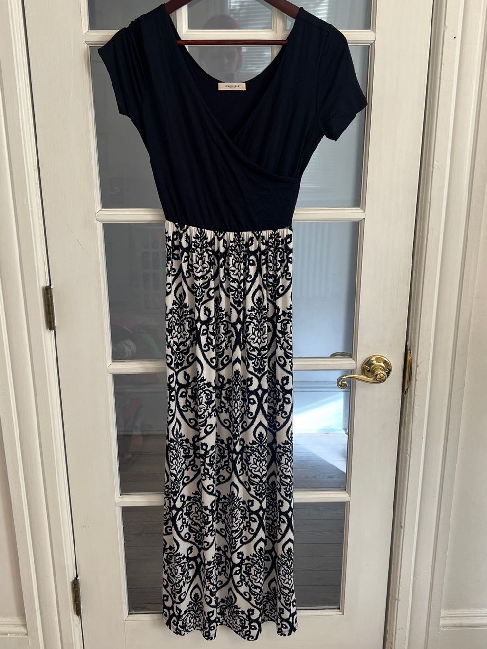 GILLI Women’s Black Ivory Damask Faux Wrap Surplice Maxi Dress Size S